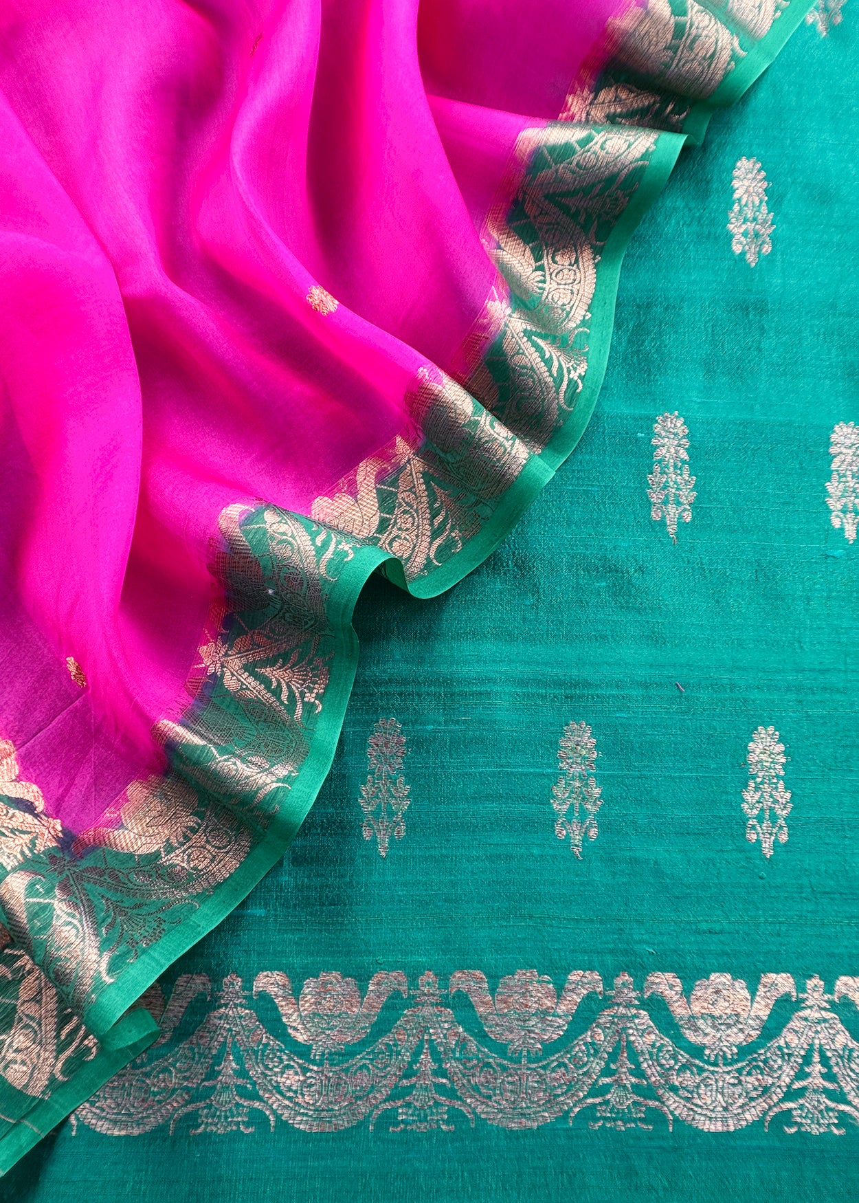 Pine Green And Pink Handloom Raw Silk Suit With Kora Silk Dupatta