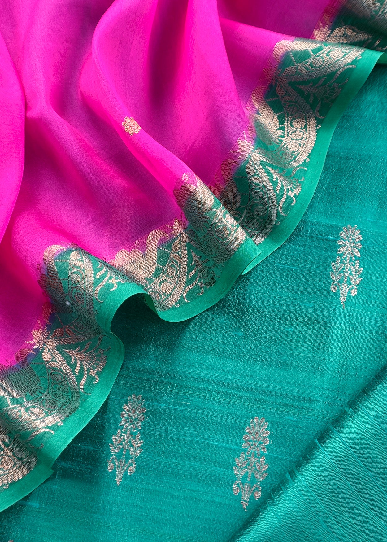 Pine Green And Pink Handloom Raw Silk Suit With Kora Silk Dupatta