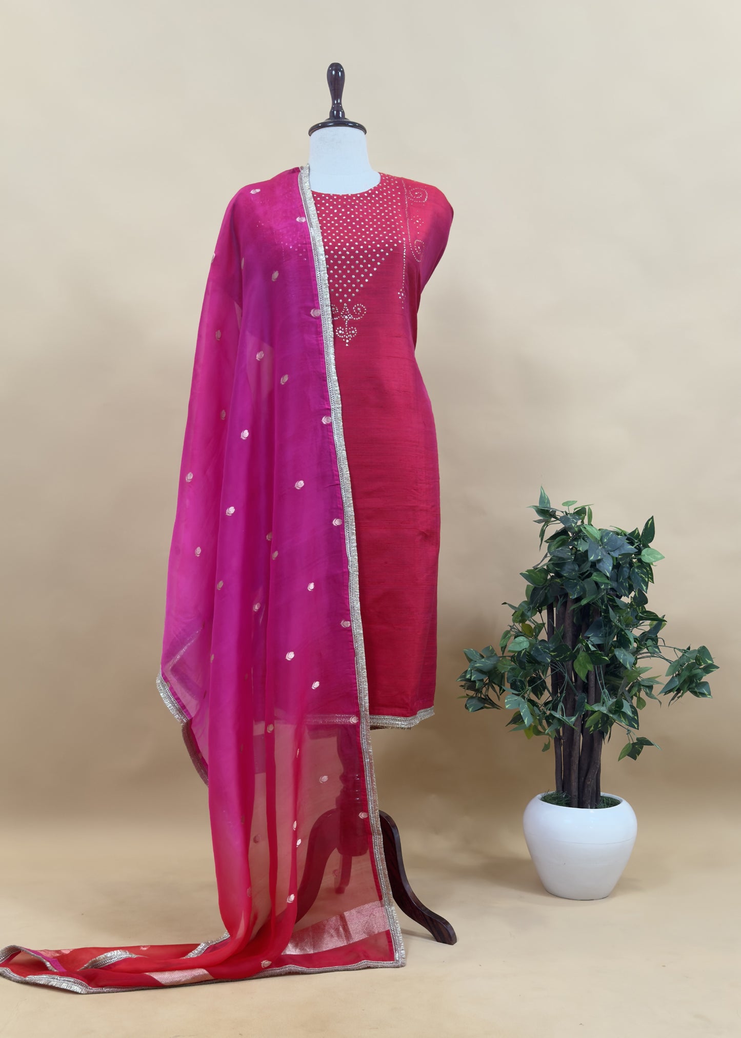 Shagun Red Varanasi Handloom Silk Suit Fabric And Ombré Dupatta With Pitta Handwork