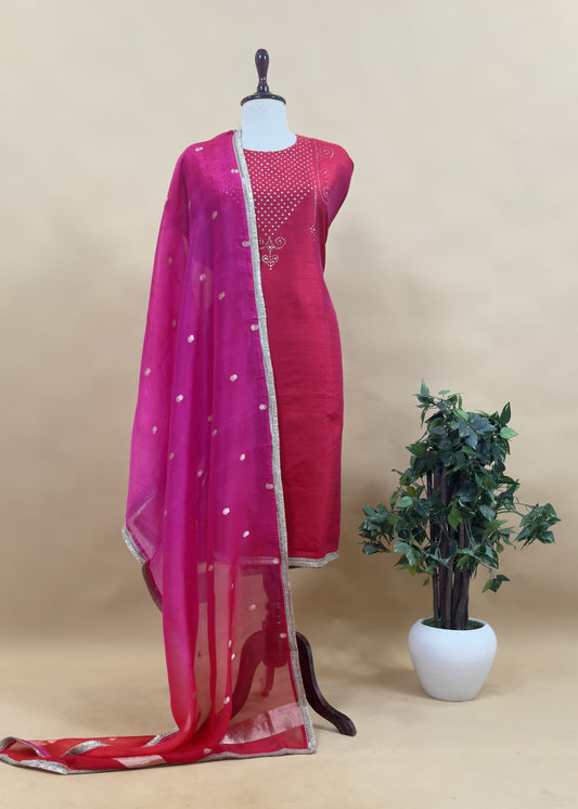 Shagun Red Varanasi Handloom Silk Suit Fabric And Ombré Dupatta With Pitta Handwork