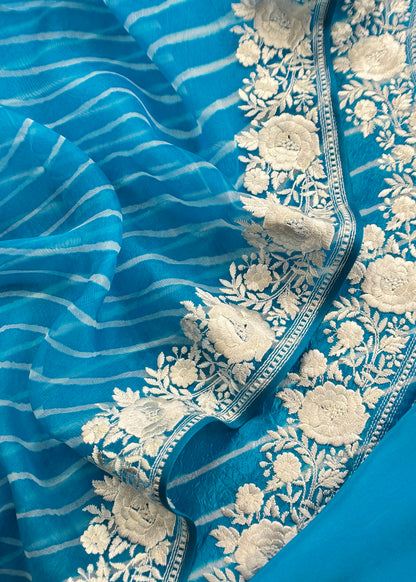 Blue Lehariya Handloom Silk Suit With Kora Silk Dupatta In Parsi Embroidery