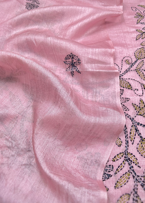 Tussar Unstitched Suit With Kantha Embroidery