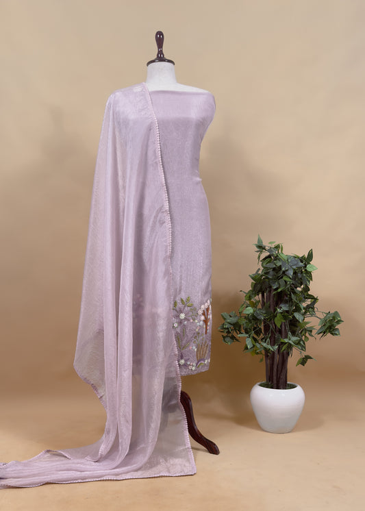 Garden Of Dreams Dusty Lilac Handloom Organza Silk Suit With Appliqué Work And 3d French Embroidery