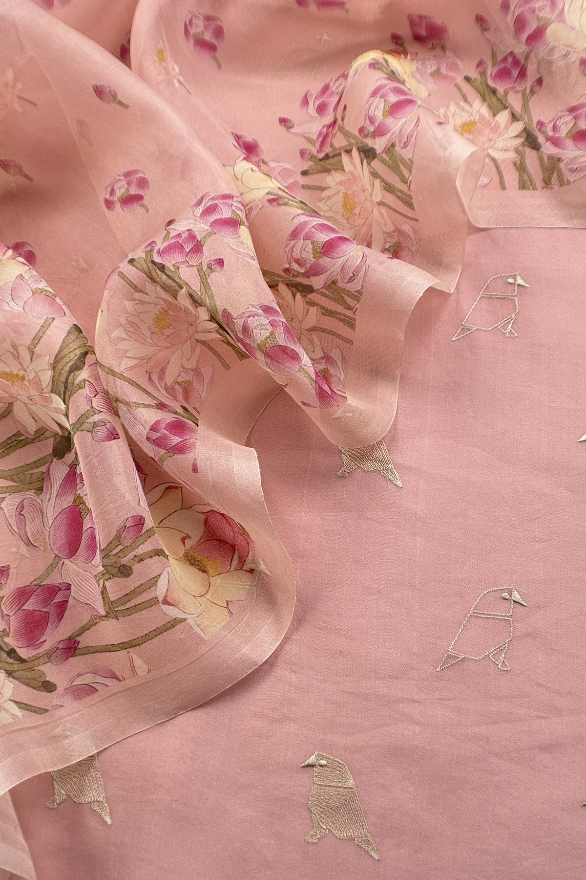 Pink Pure Organza Silk Unstitched Suit With Peonies Brush-Print Dupatta