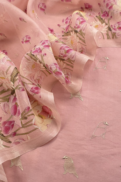 Pink Pure Organza Silk Unstitched Suit With Peonies Brush-Print Dupatta
