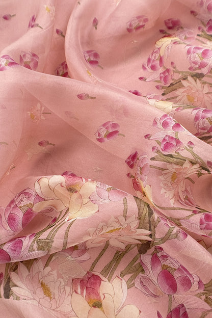 Pink Pure Organza Silk Unstitched Suit With Peonies Brush-Print Dupatta