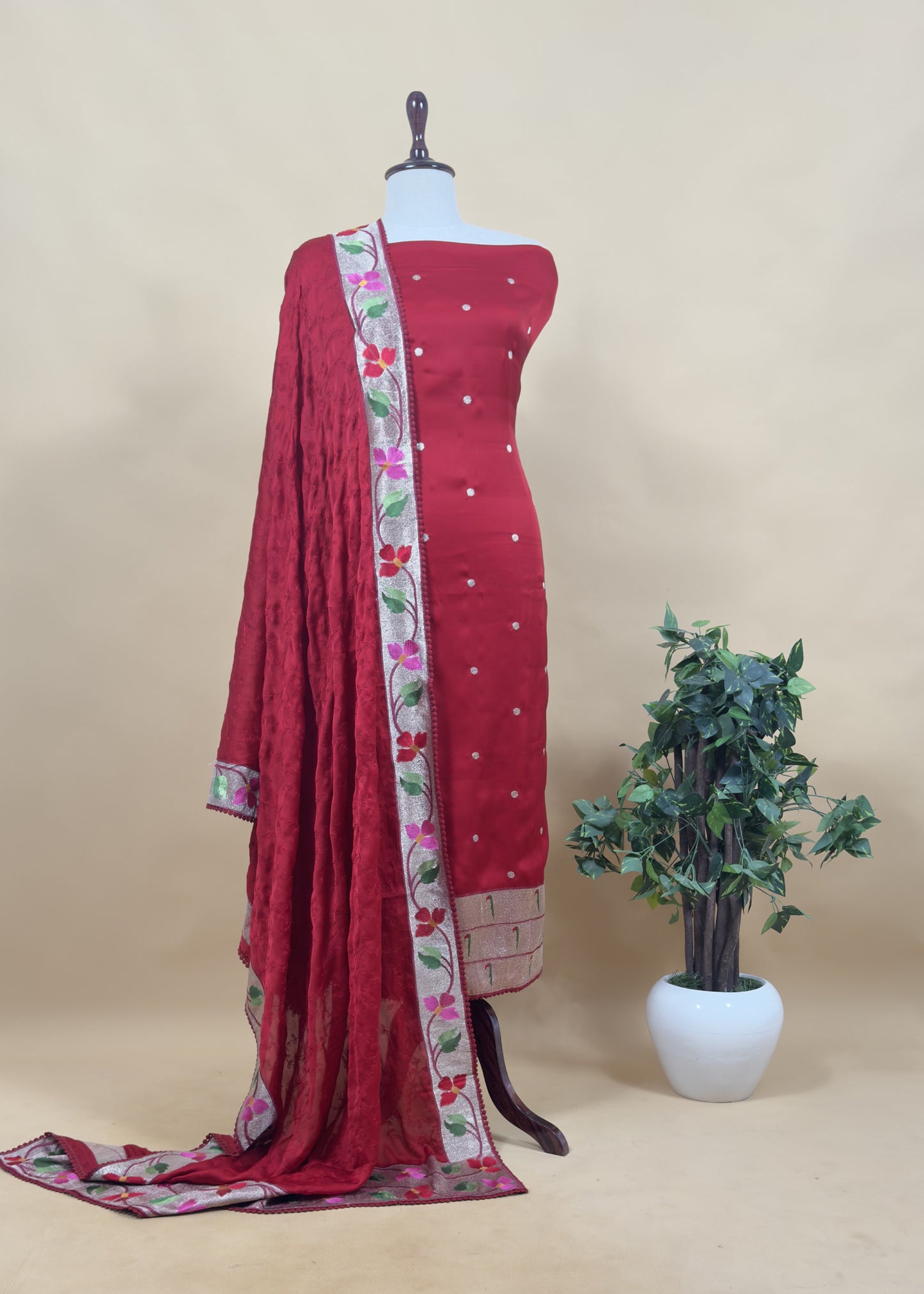 Laal Ishq Handloom Self Embroidered Satin Silk Suit Fabric with Paithani Weaving