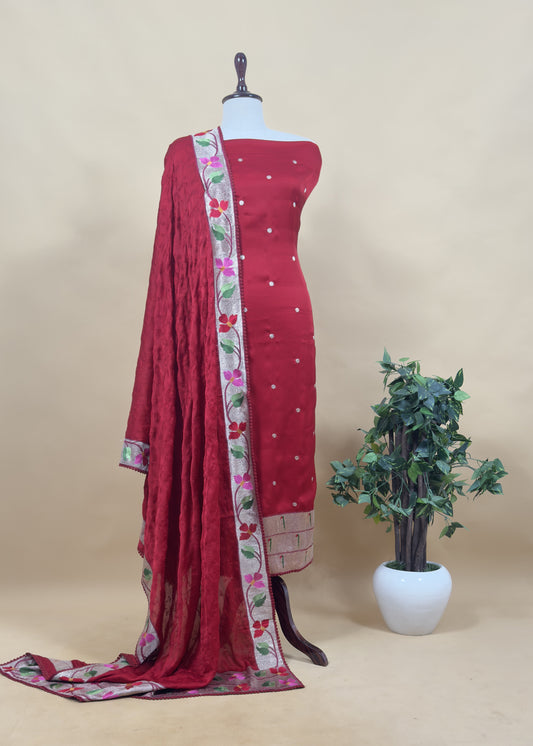 Laal Ishq Handloom Self Embroidered Satin Silk Suit Fabric with Paithani Weaving