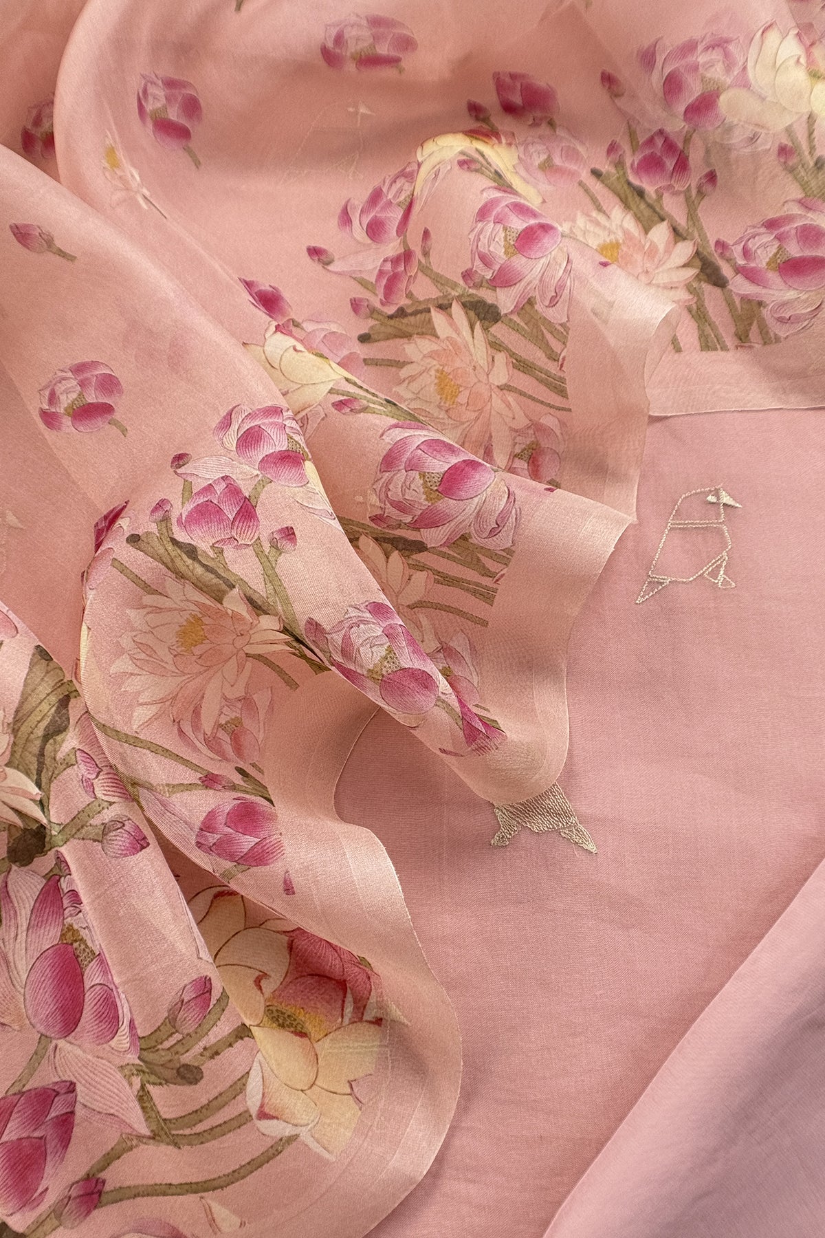 Pink Pure Organza Silk Unstitched Suit With Peonies Brush-Print Dupatta