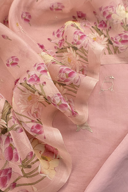 Pink Pure Organza Silk Unstitched Suit With Peonies Brush-Print Dupatta