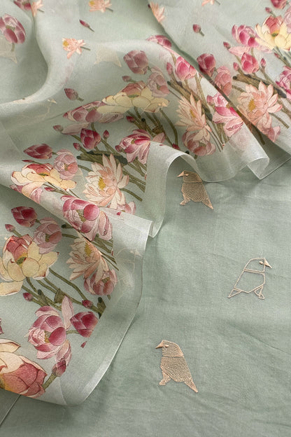 Pastel Green Pure Organza Silk Unstitched Suit With Peonies Brush-Print Dupatta