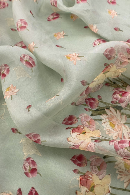 Pastel Green Pure Organza Silk Unstitched Suit With Peonies Brush-Print Dupatta