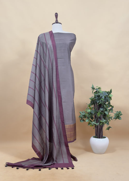 Sheer Kurma Grey Burgundy Handloom Silk Suit with Gold weaving