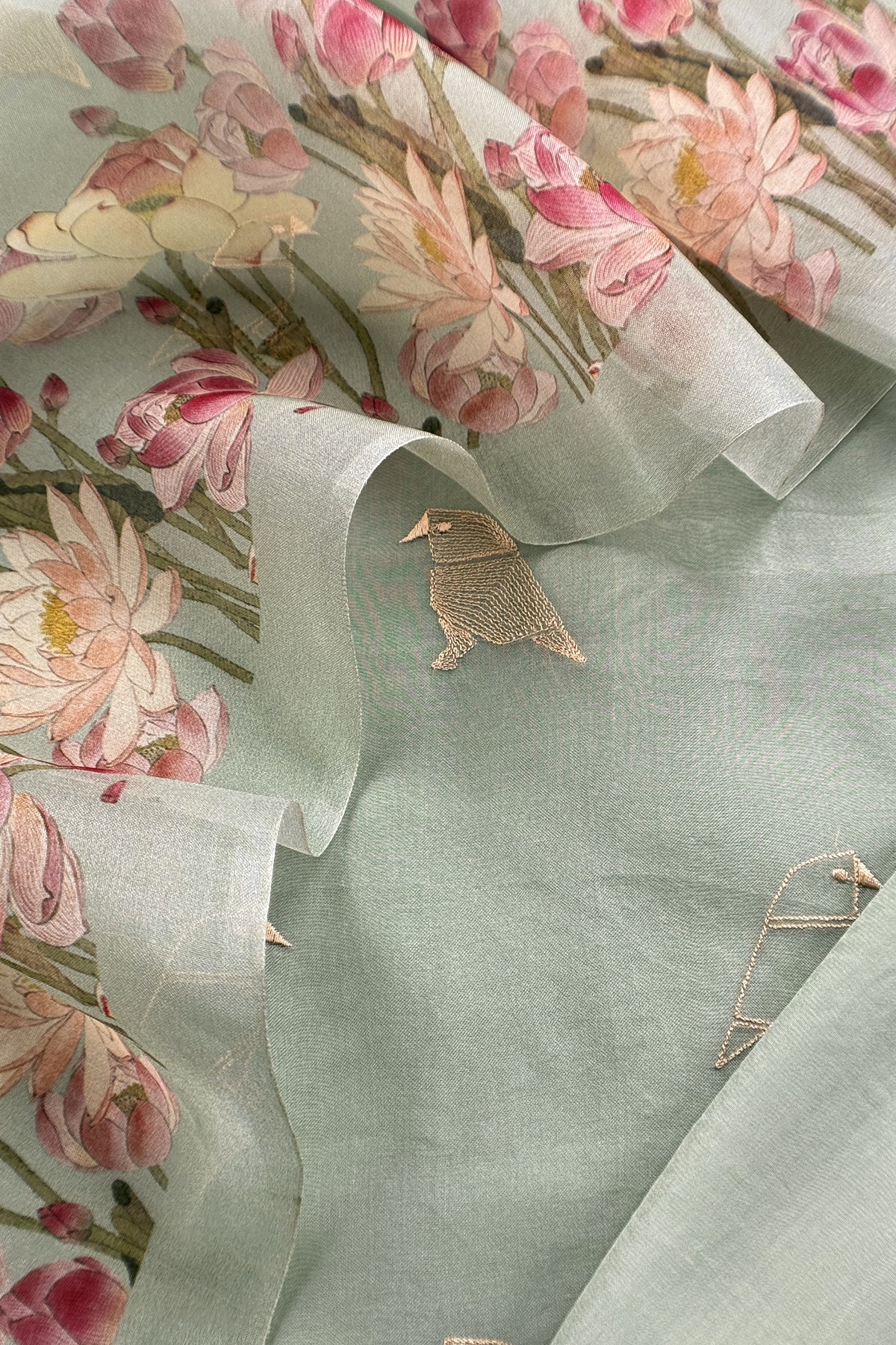 Pastel Green Pure Organza Silk Unstitched Suit With Peonies Brush-Print Dupatta