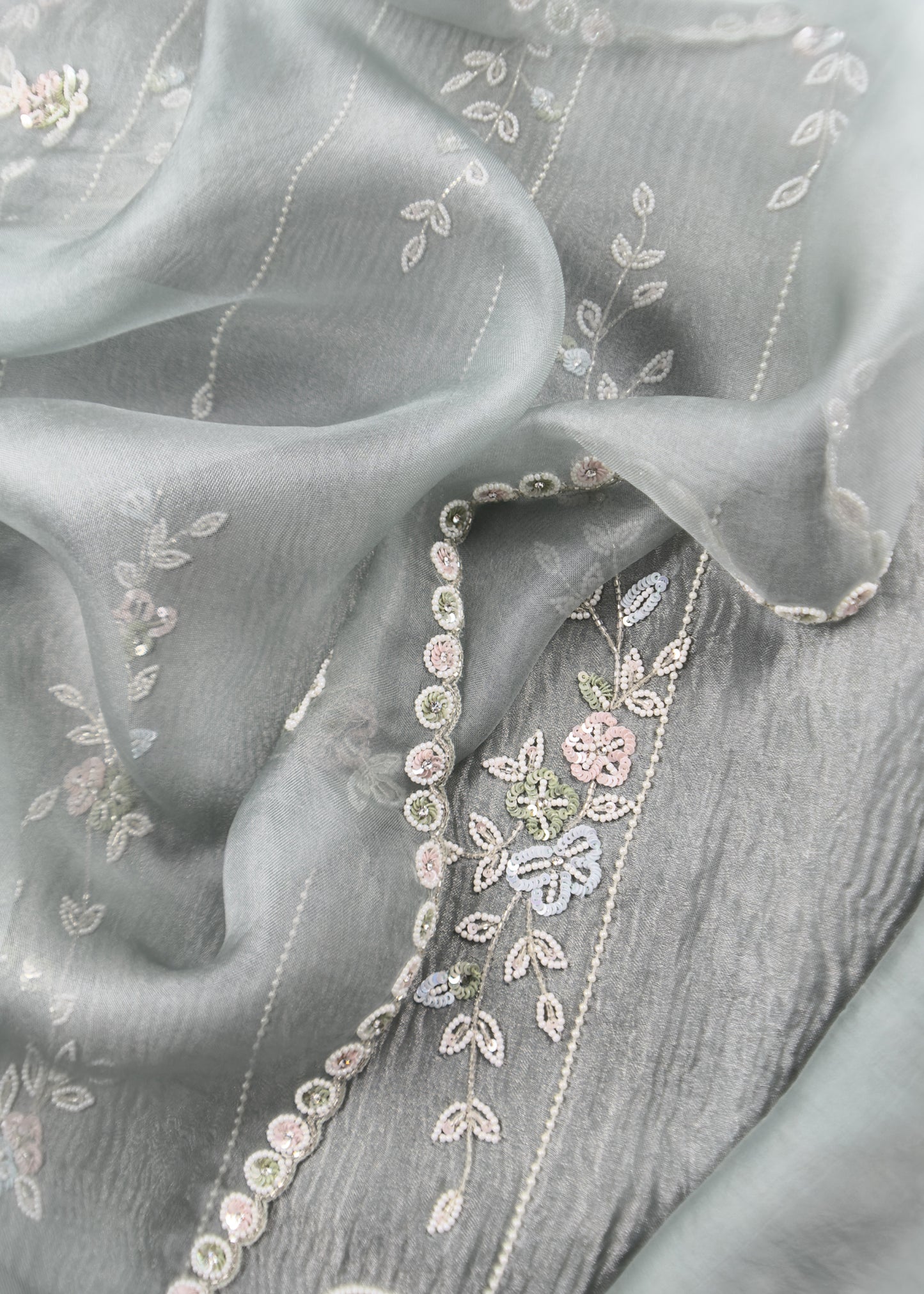 Greyish Green Flamingo Embroidered Tissue Silk Suit