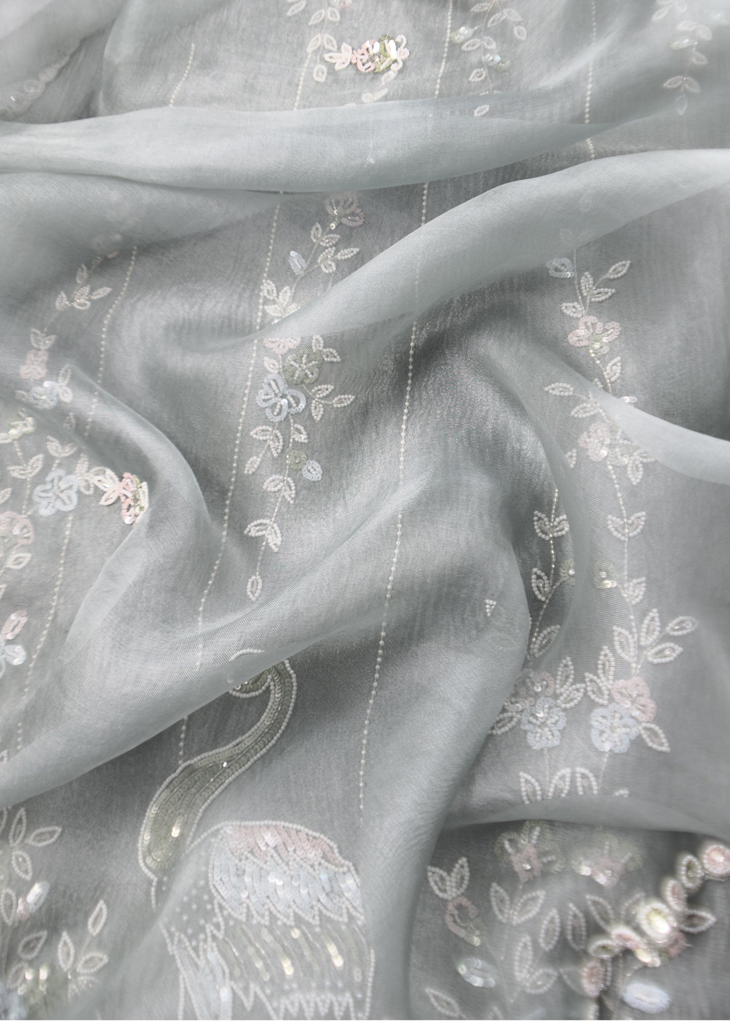 Greyish Green Flamingo Embroidered Tissue Silk Suit