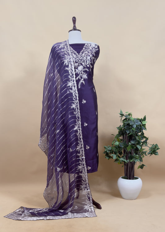 Violet Tussar Silk Unstitched Suit With Pitta Work