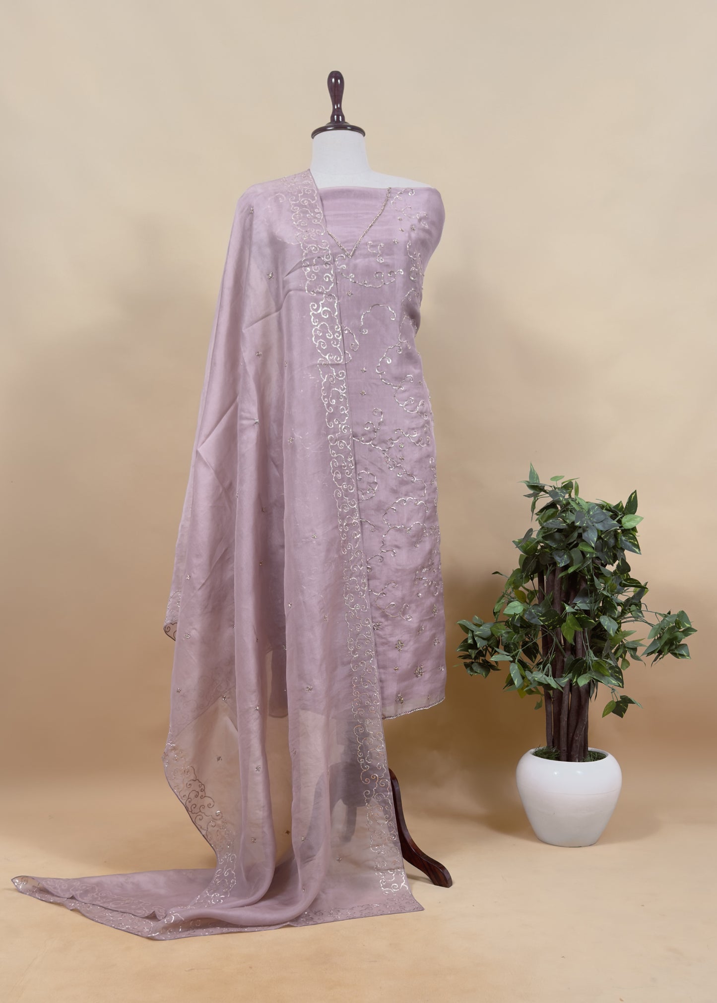 Dusty Rose Modern Aesthetic Organza Silk Suit with Rose gold Pitta Work