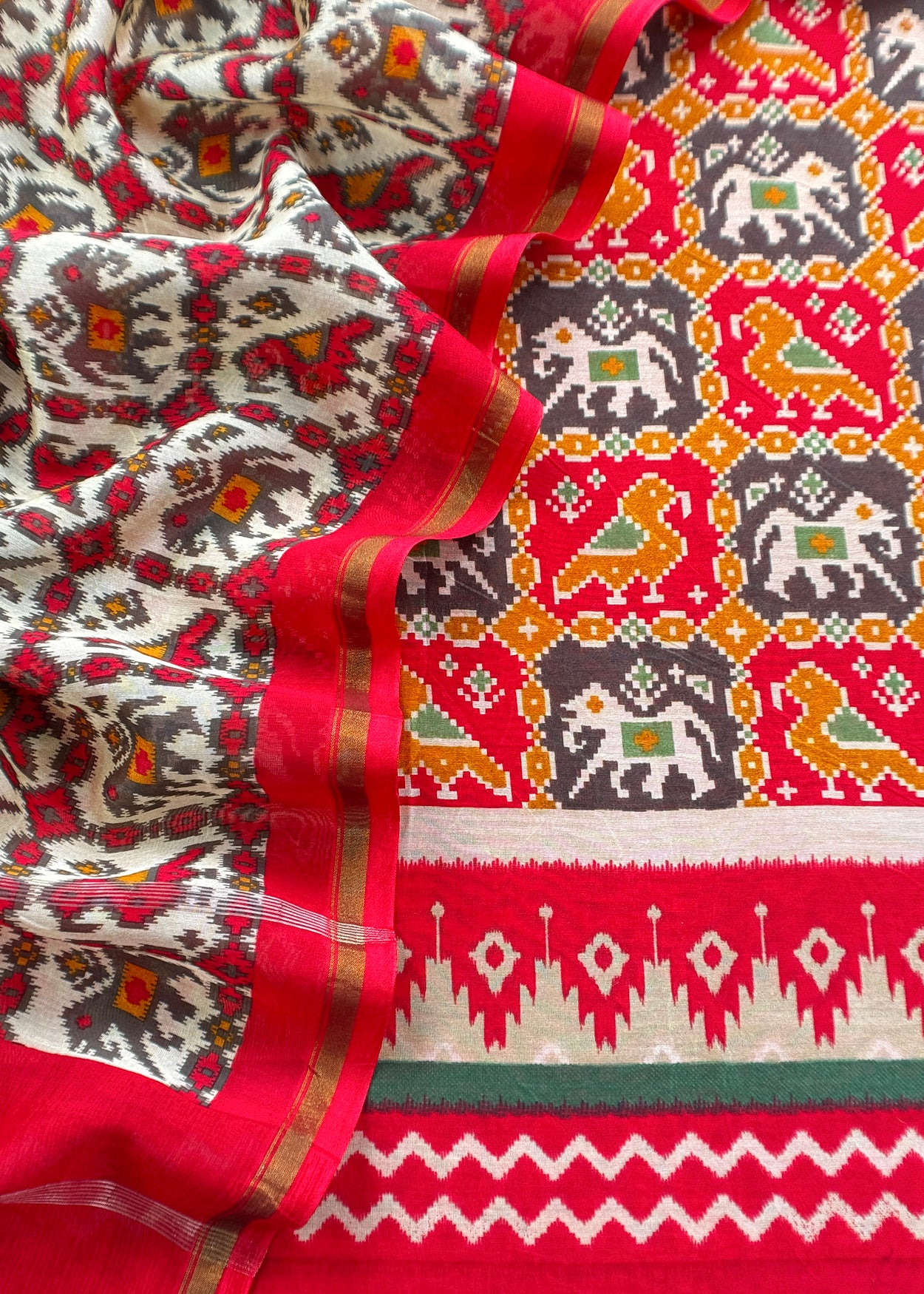 Red Patola Maheshwari Silk Suit Set