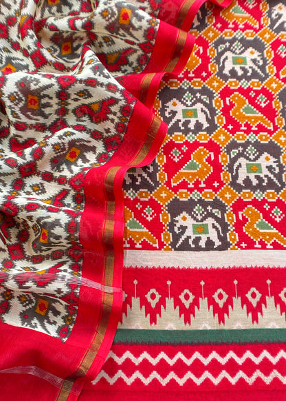 Red Patola Maheshwari Silk Suit Set