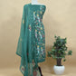 Green Handloom Organza Silk Suit Fabric With Macaw Kantha Handwork