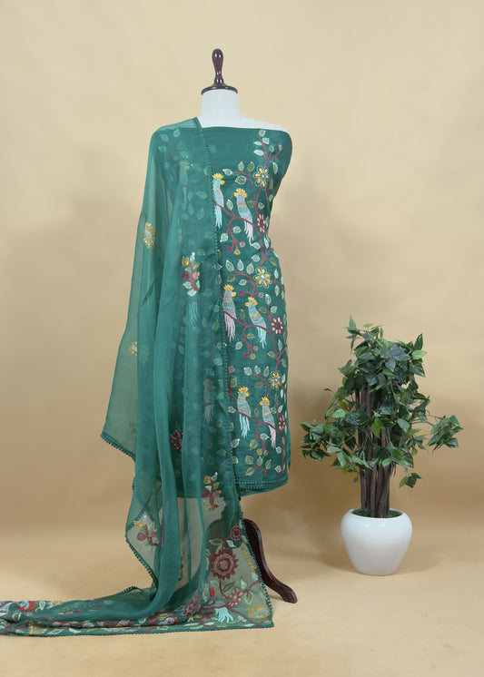 Green Handloom Organza Silk Suit Fabric With Macaw Kantha Handwork