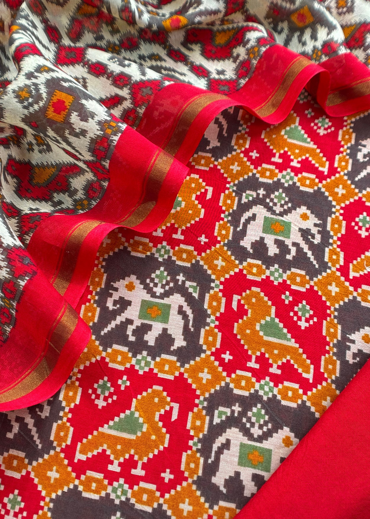 Red Patola Maheshwari Silk Suit Set
