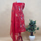 Green Handloom Organza Silk Suit Fabric With Macaw Kantha Handwork