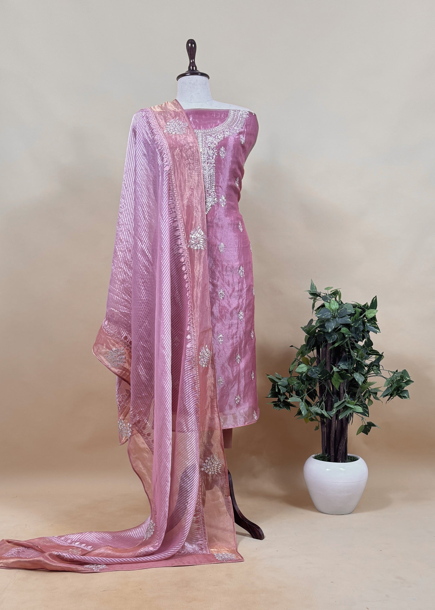 Taffy Pink Handloom Tissue Silk Suit Fabric with Dabka and Gotapatti Handwork
