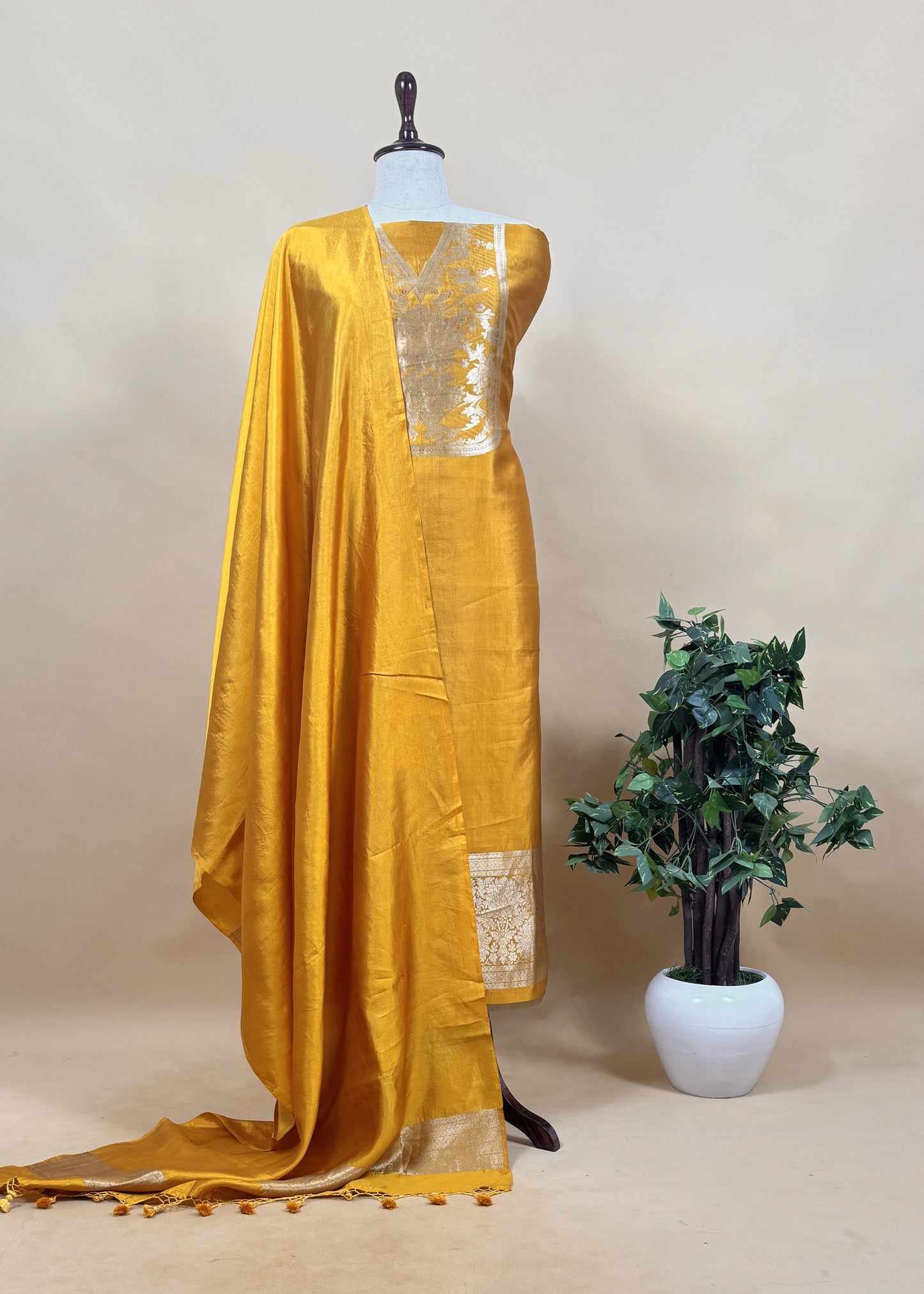Yellow Handloom Katan Silk Suit Fabric With Peonies Kadwa Weaving