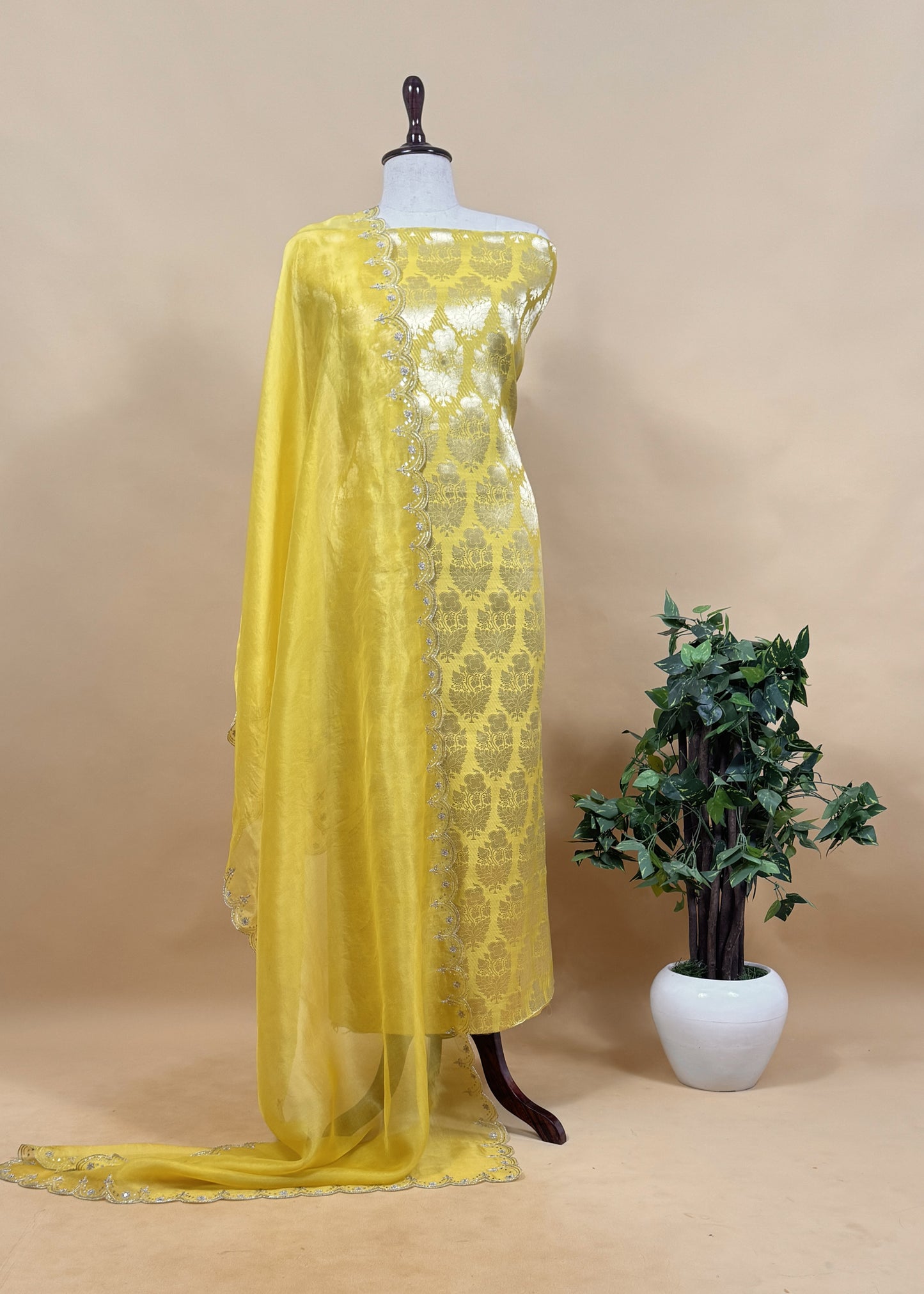 Citrine Yellow Brocade Silk Kurta And Organza Silk Dupatta With Handwork