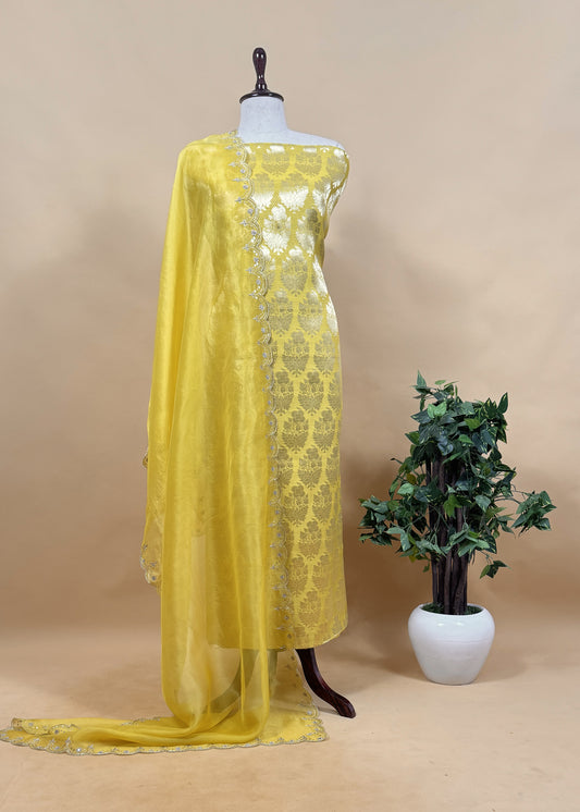 Citrine Yellow Brocade Silk Kurta And Organza Silk Dupatta With Handwork