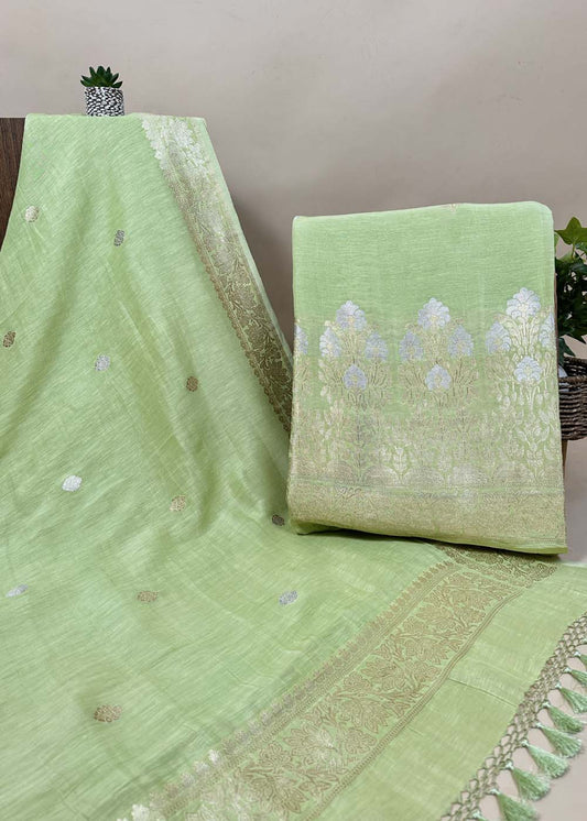 Handloom Green Linen Silk With Kadwa Weaves