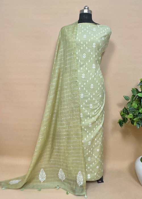Green Pink Shree Niketan Embroidered Chanderi Suit
