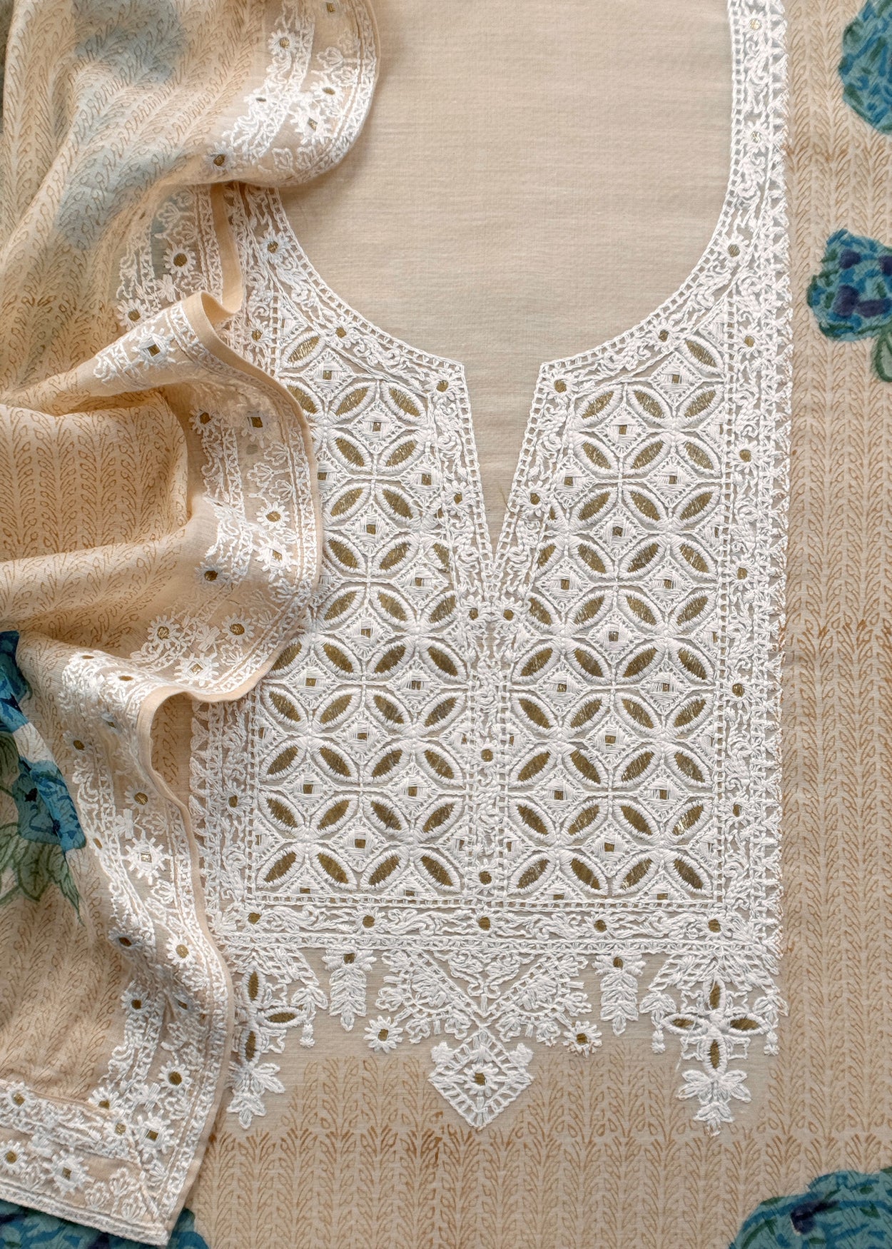 Beige Lakhanvi-Style Pure Mulmul Suit With Floral Digital Print