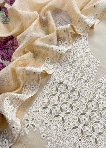 mulmul unstitched suit with lakhnavi embroidery


