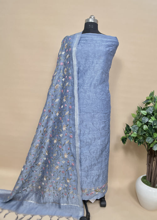 Blue Linen Silk Unstitched salwar Suit With Pichwai Embroidery