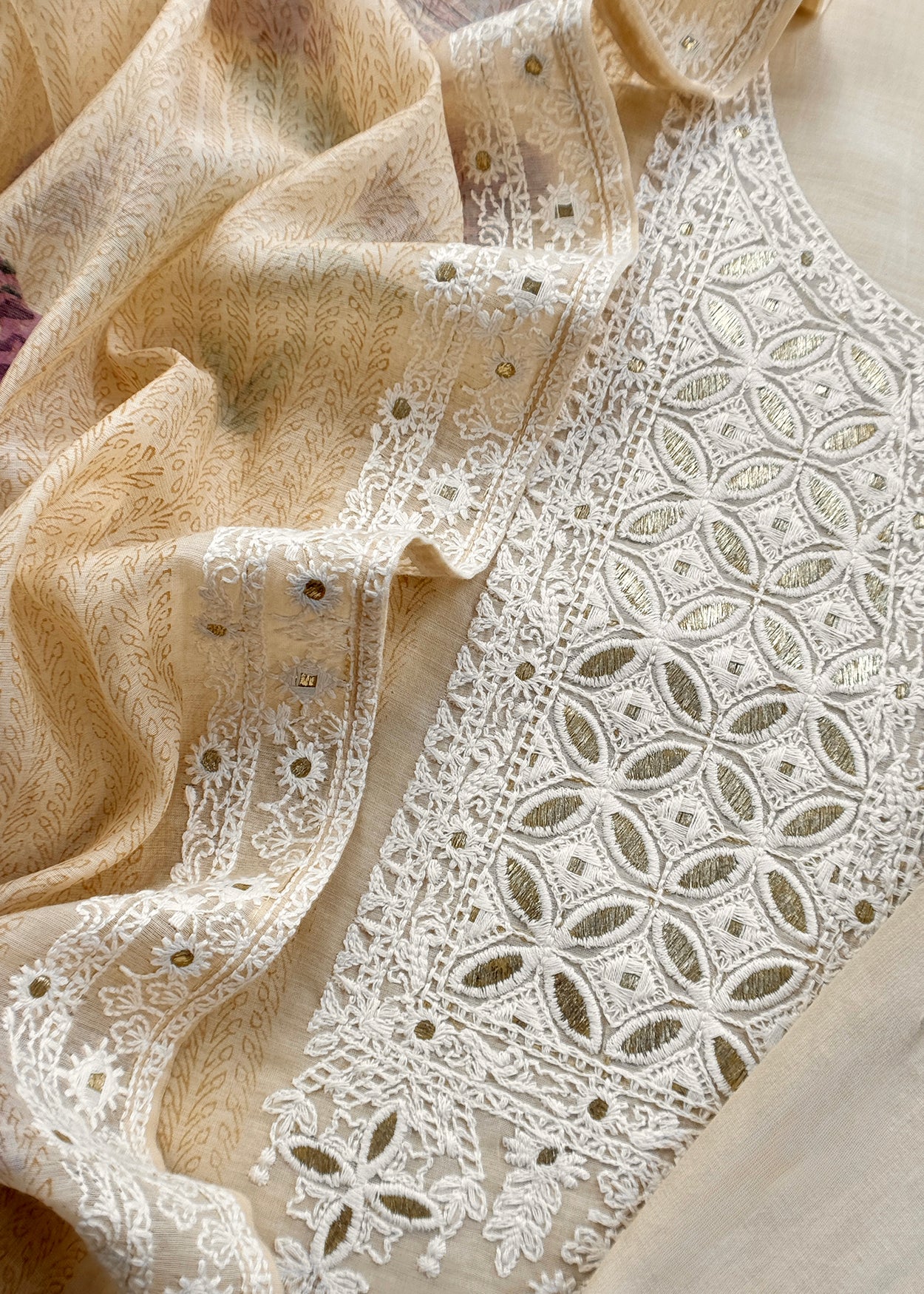 Beige Lakhanvi-Style Pure Mulmul Suit With Floral Digital Print