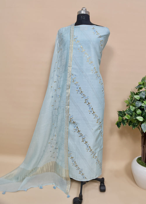 Shree Niketan Blue Chanderi Suit With Parsi Thread Embroidery