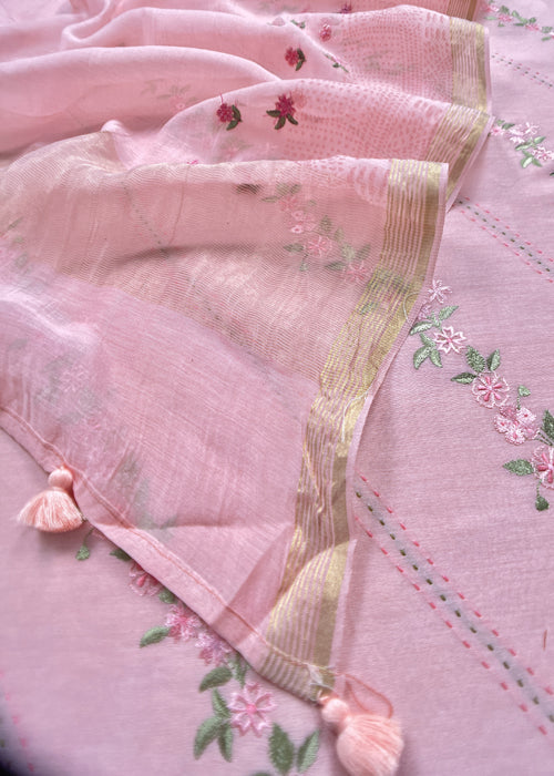 Pink Cotton Chanderi Suit With Parsi Thread Embroidery