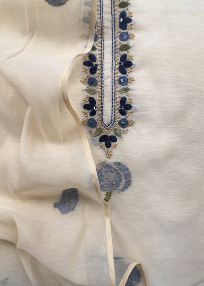 Off White Jamdani Suit With Blue Lilies In Chanderi Fabric