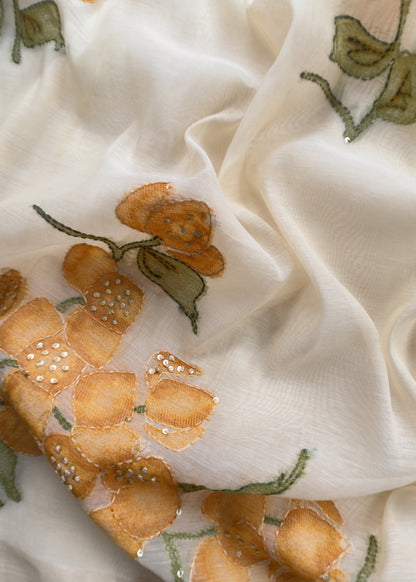 Off White Jamdani Suit With Orange Lilies In Chanderi Fabric