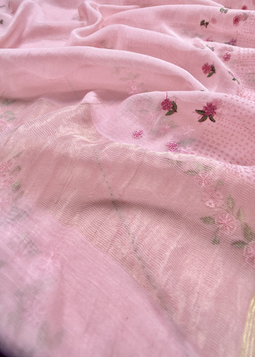 Pink Cotton Chanderi Suit With Parsi Thread Embroidery