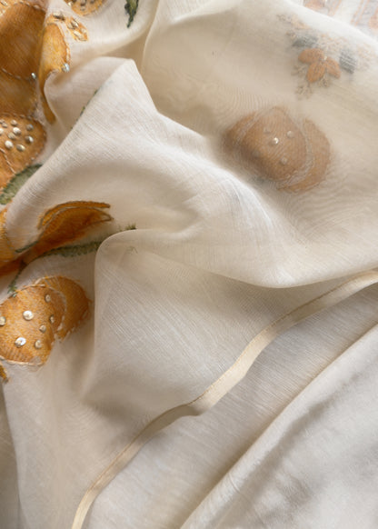 Off White Jamdani Suit With Orange Lilies In Chanderi Fabric