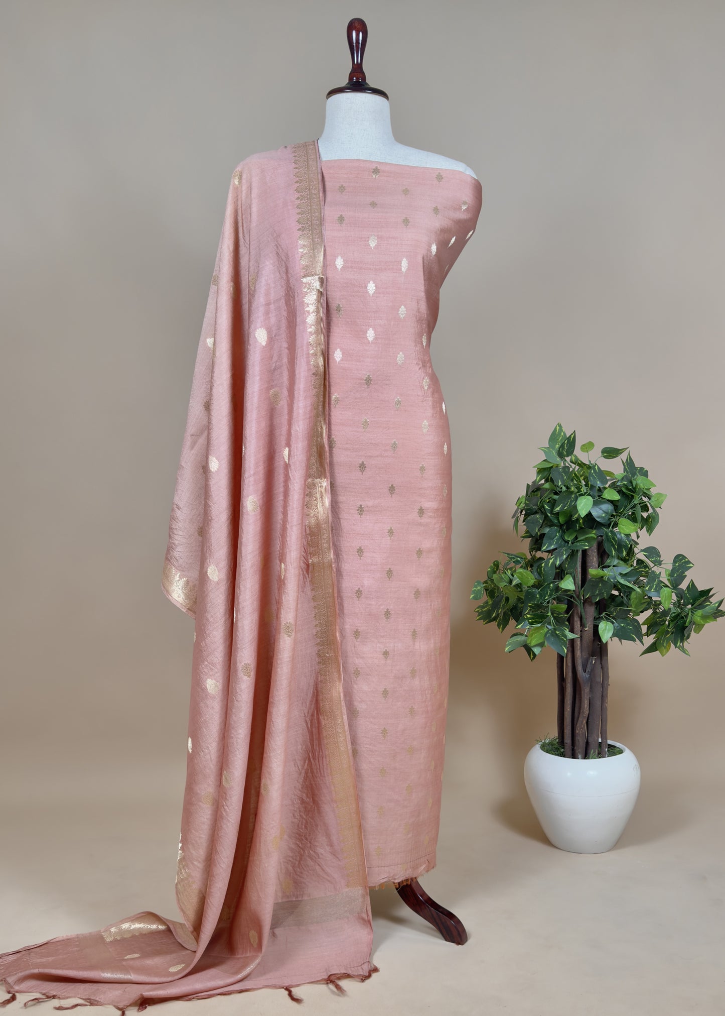 Grey Handloom Munga Silk Suit With Zari Weaving