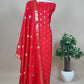 Red Handloom Munga Silk Suit With Zari Weaving