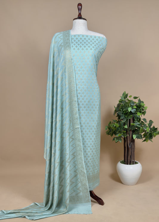 Blue Banarasi Cotton Unstitched Suit With Resham Weaving