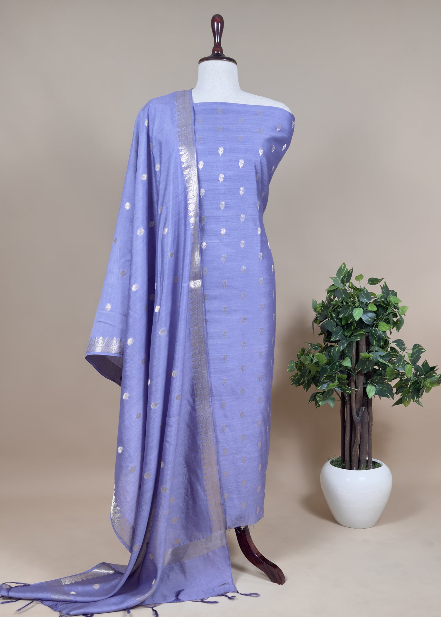 Grey Handloom Munga Silk Suit With Zari Weaving