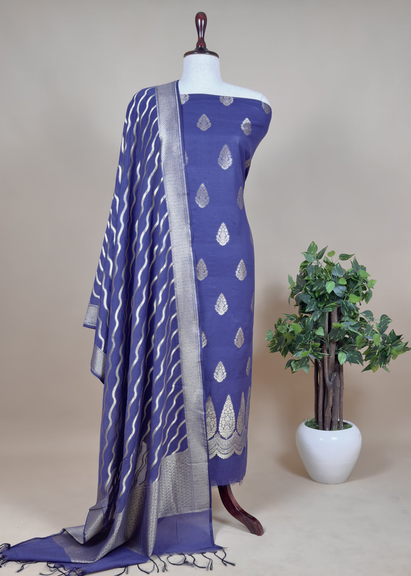 Blue Handloom Munga Silk Suit With Zari Weaving