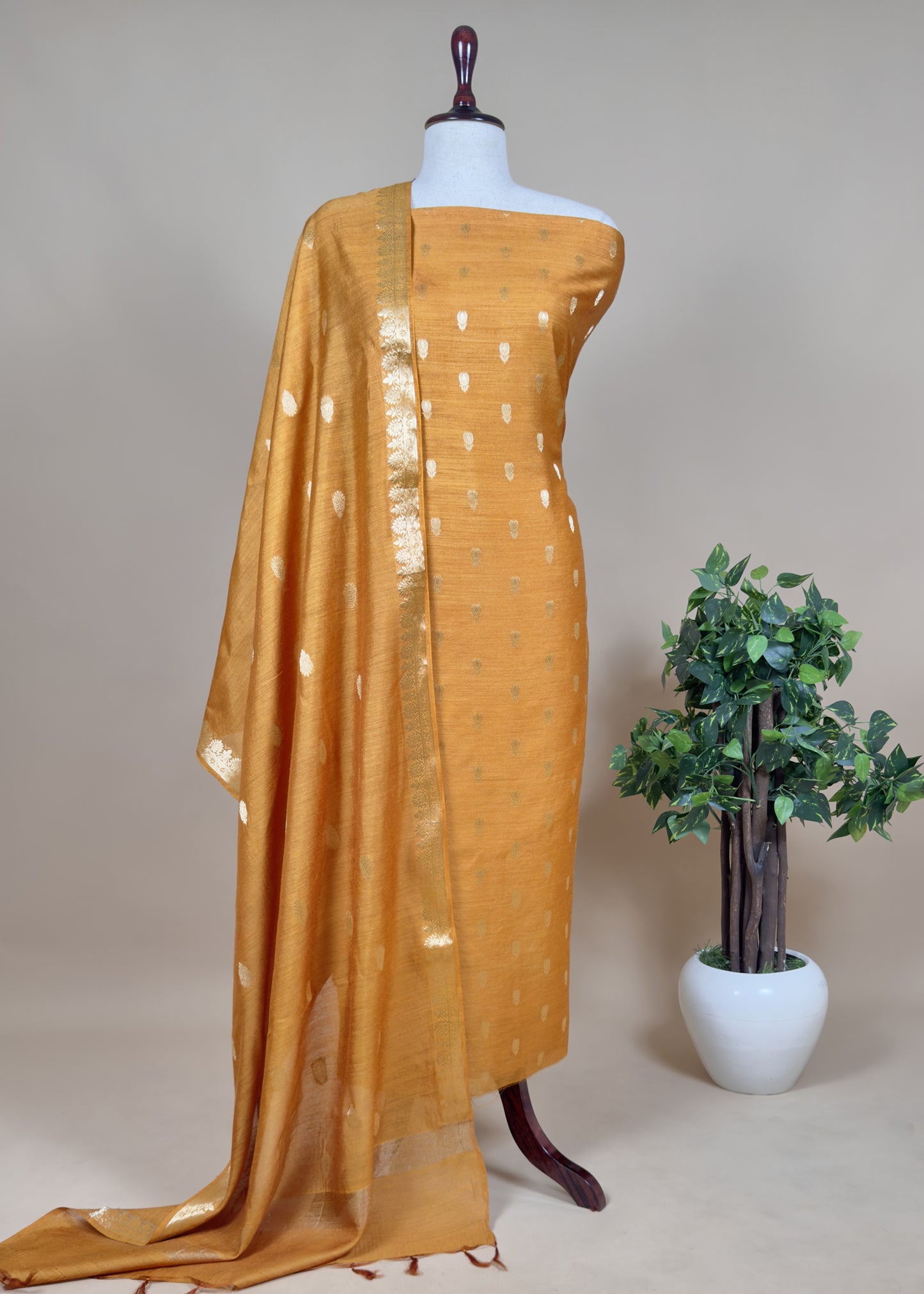 Pink Handloom Munga Silk Suit With Zari Weaving